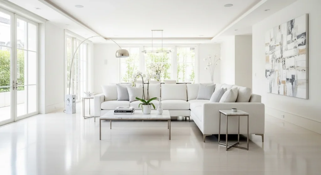 Bright white living room with modern elegant furniture and decor