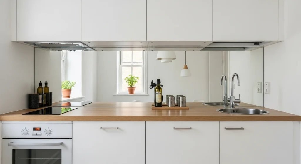 Small kitchen with reflective mirror backsplash creating illusion of larger space