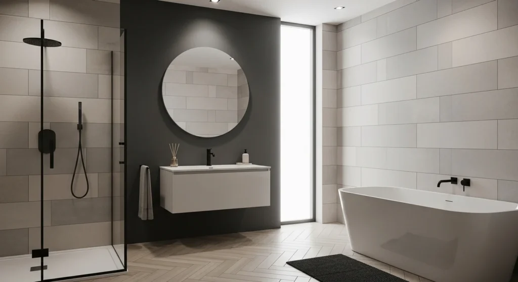 Modern bathroom with matte finish tiles creating soft and elegant look