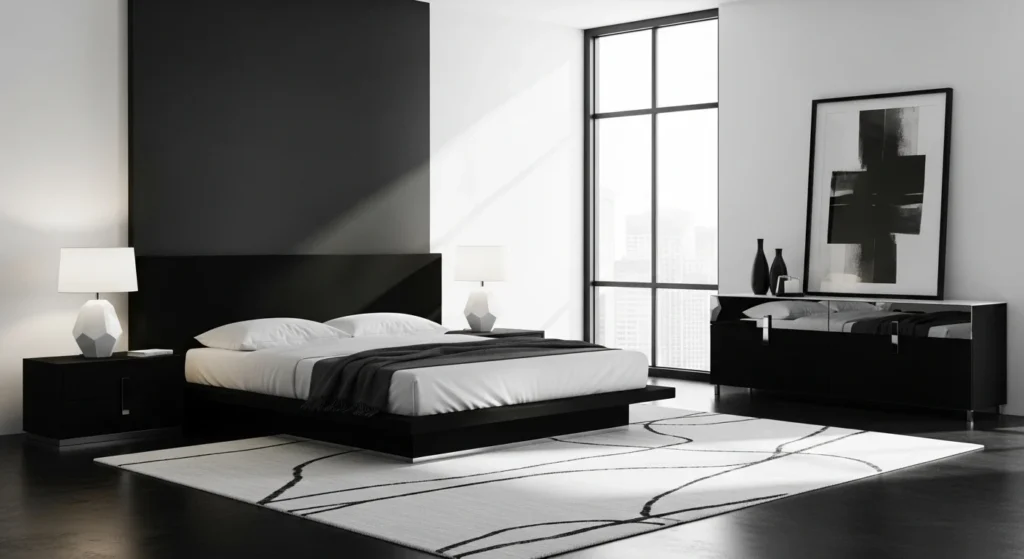 Bedroom set with black and white color contrast and sleek modern furniture