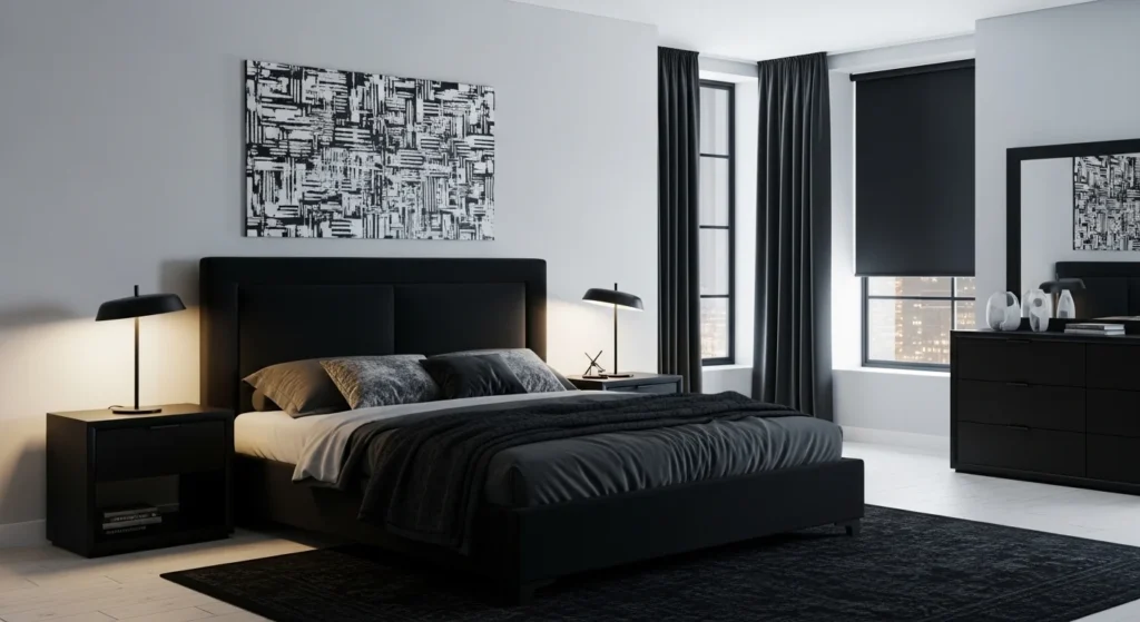 Bold black king bedroom set with modern furniture and strong contrast styling