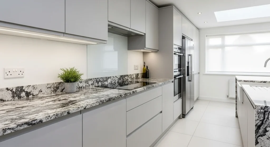 Kitchen with granite countertop featuring unique natural stone patterns