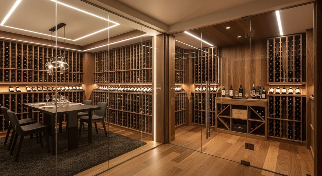 Sleek basement wine cellar with climate-controlled racks, glass walls, and wooden finishes