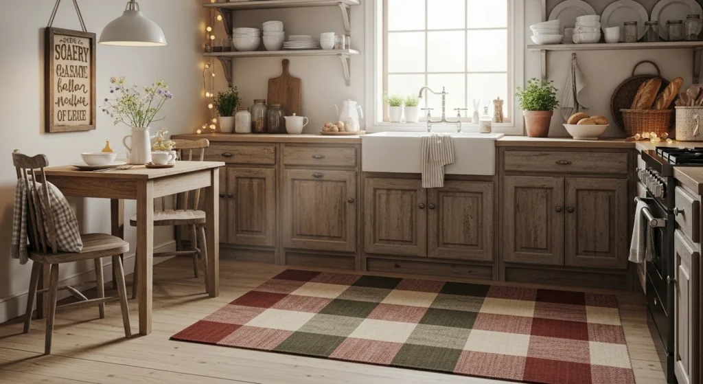 Rustic plaid rug placed on farmhouse kitchen floor with wooden cabinets