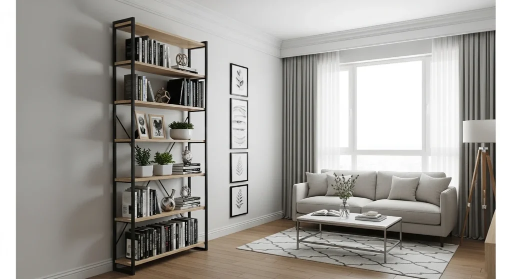 Tall bookshelf and vertical wall decor in compact living room for height illusion and storage