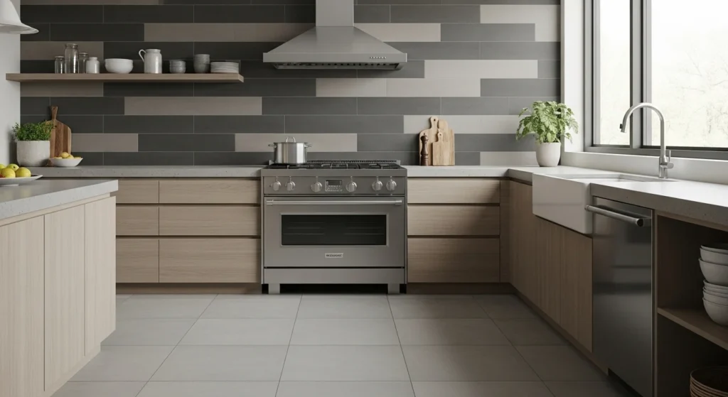 Modern kitchen with matte finish tiles offering a sleek and sophisticated look