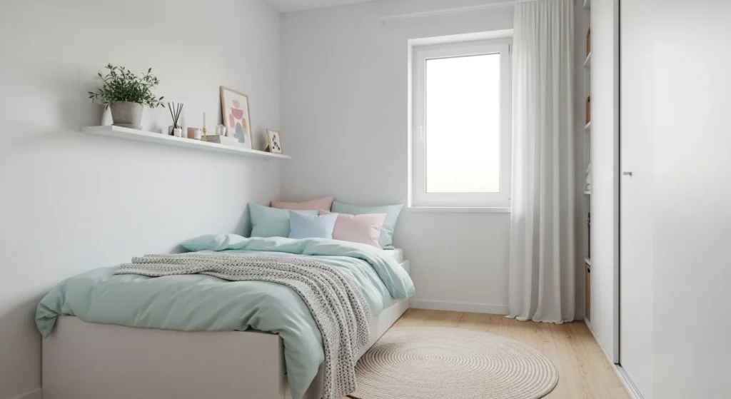 Small bedroom designed with light colors to make the space look larger and brighter