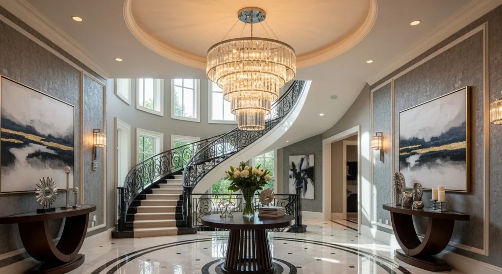 Elegant foyer interior featuring statement chandelier lighting fixture