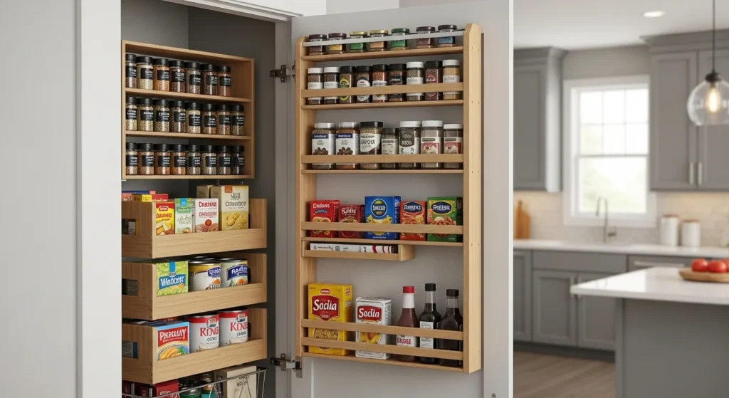 Pantry racks mounted on cabinet doors for spices and small containers