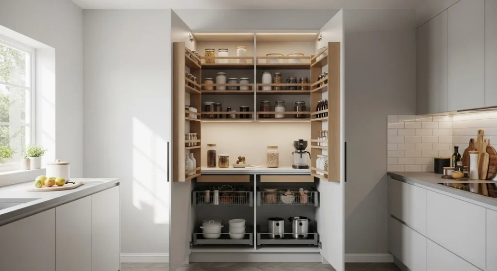 Slim built-in wall pantry with organized shelving integrated into kitchen wall