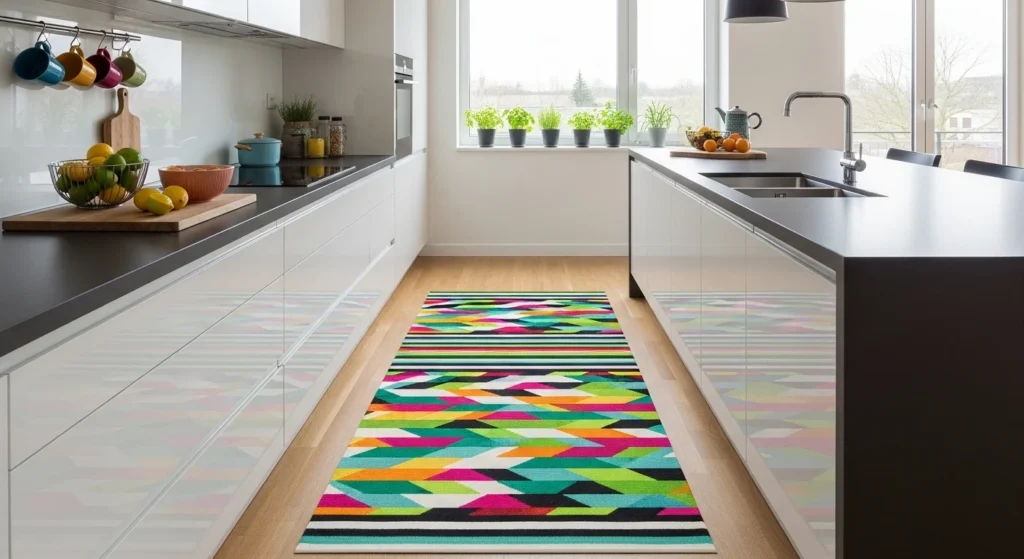 Bright patterned kitchen rug bringing vibrant color to a neutral kitchen