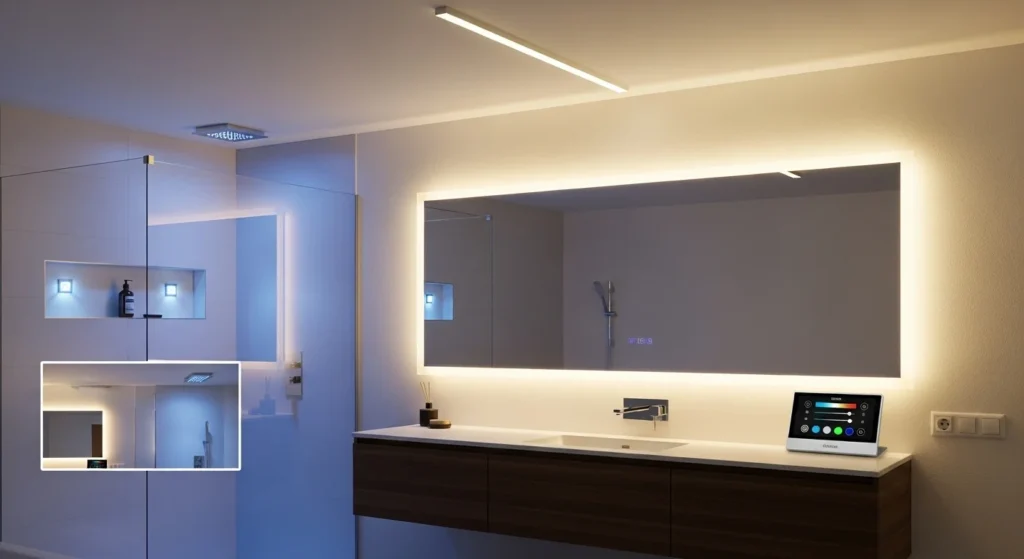 Modern bathroom with smart adjustable lighting and color changing LED system
