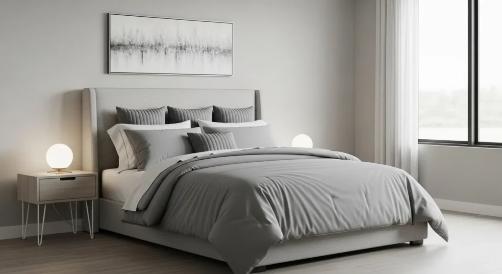 Stylish grey queen comforter bedroom set creating a modern minimalist interior