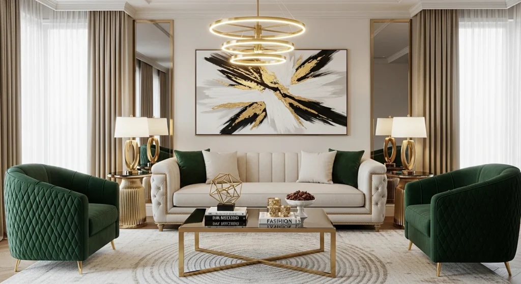 Sophisticated living room with gold decor accents and neutral tones
