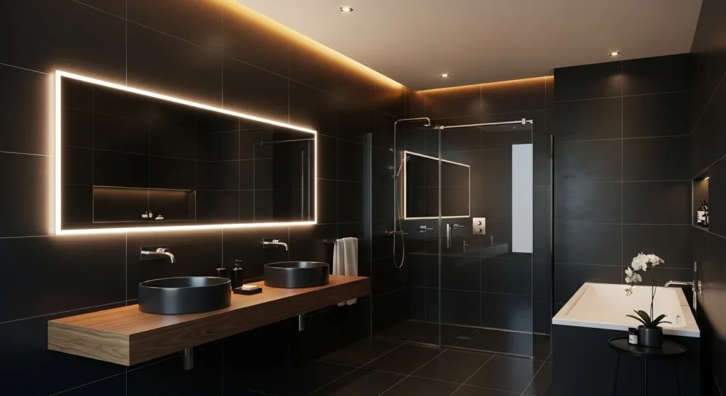 Bold bathroom design with black tiles creating dramatic modern interior