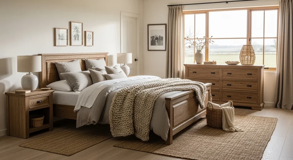 Cozy farmhouse bedroom set with wooden furniture and rustic design elements