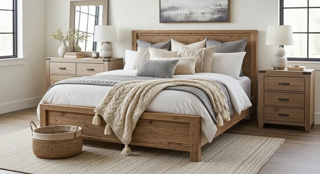 Cozy farmhouse king bedroom set with wooden textures and neutral tones