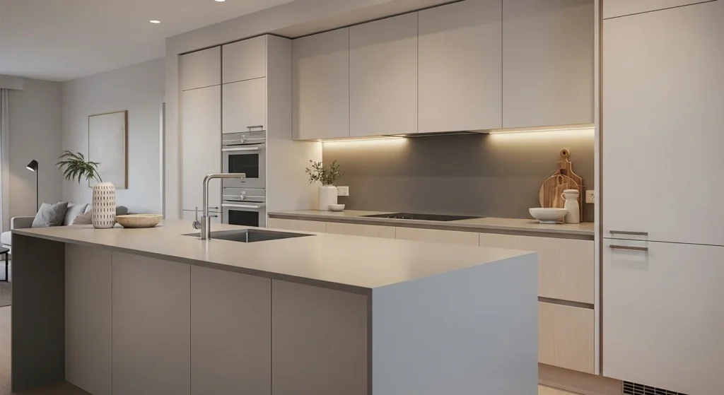 Modern kitchen with matte countertop surface and soft non reflective finish