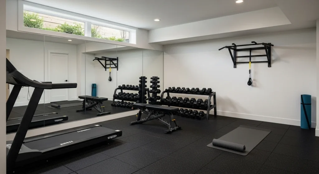 Fully equipped basement gym with mirrors, rubber flooring, and natural lighting