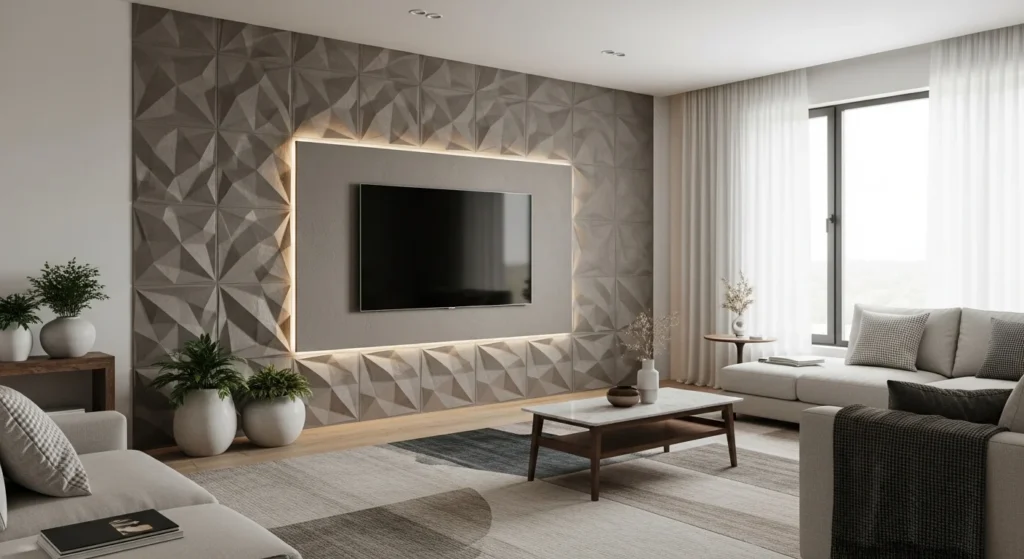 living room tv wall with built in shelves and decorative storage