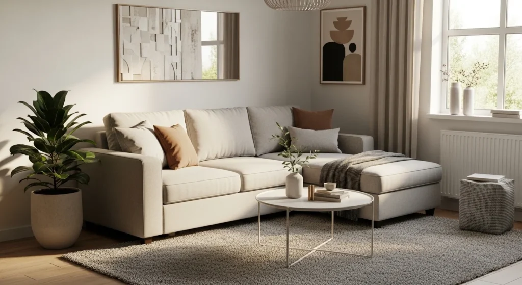 Corner sectional sofa in a small living room maximizing seating while saving space