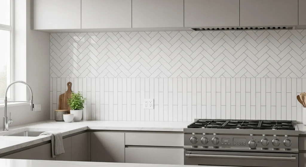 Stylish subway tile backsplash arranged in a creative modern layout