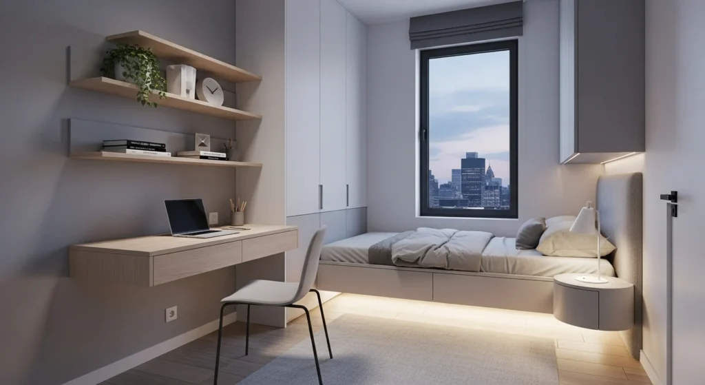 Tiny bedroom with floating shelves and wall mounted furniture creating open floor space