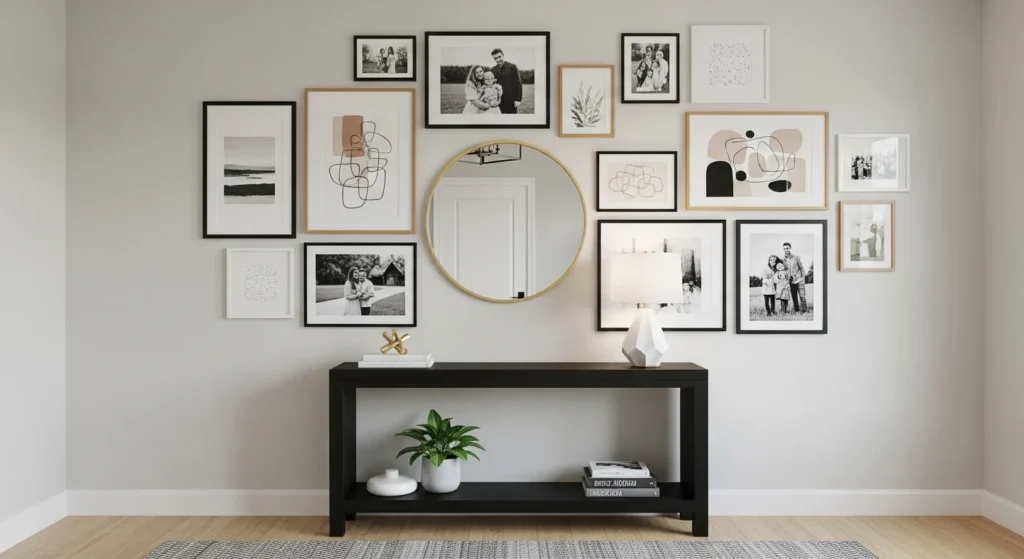 Entryway gallery wall displaying framed photos and artwork