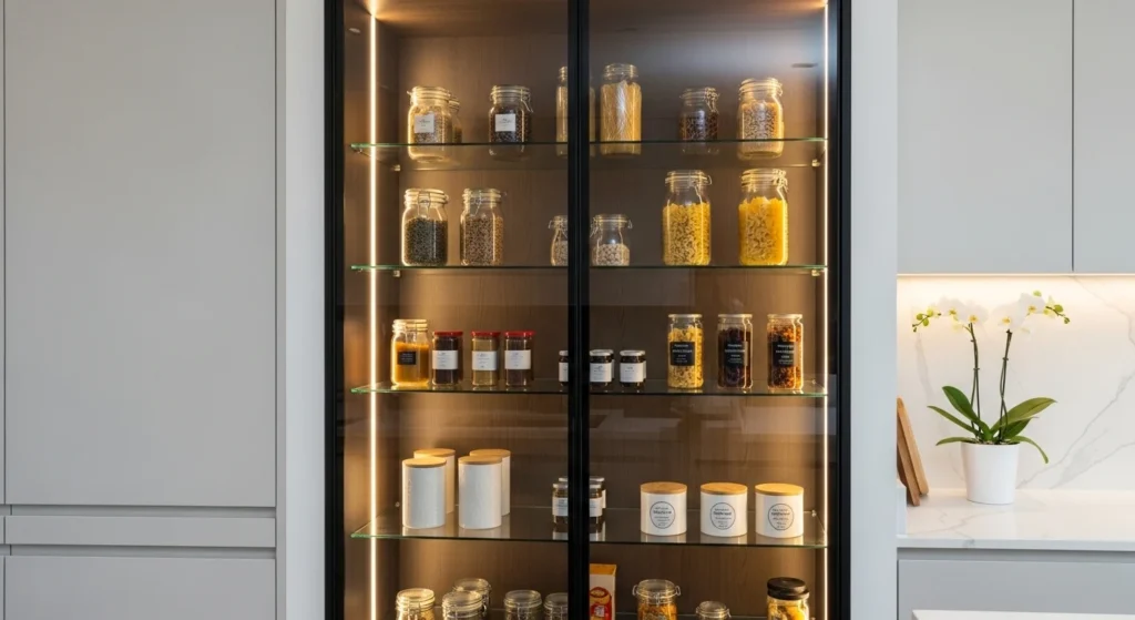 Elegant pantry cabinet with glass doors showing organized food storage