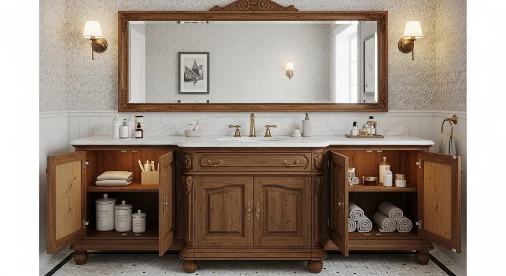 Antique style bathroom cabinet with classic design and decorative hardware