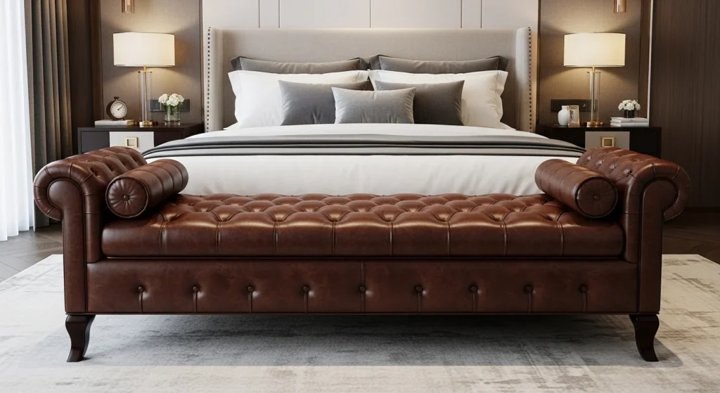 Stylish leather tufted bedroom bench placed at foot of bed for elegant seating