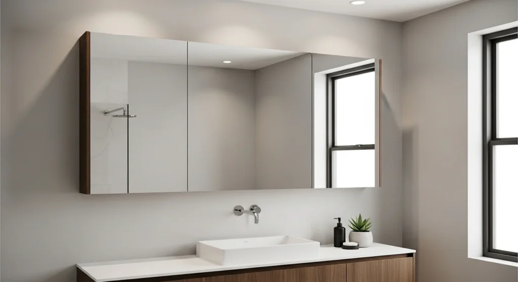 Modern bathroom cabinet with mirrored doors providing hidden storage and reflection