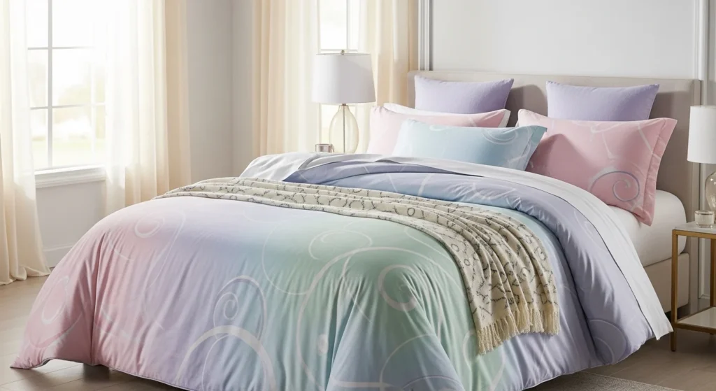 Soft pastel colored queen comforter bedding creating a dreamy bedroom atmosphere