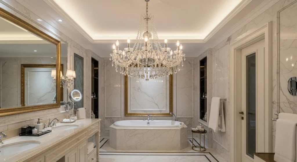 Luxury bathroom with elegant crystal chandelier creating glamorous ambiance