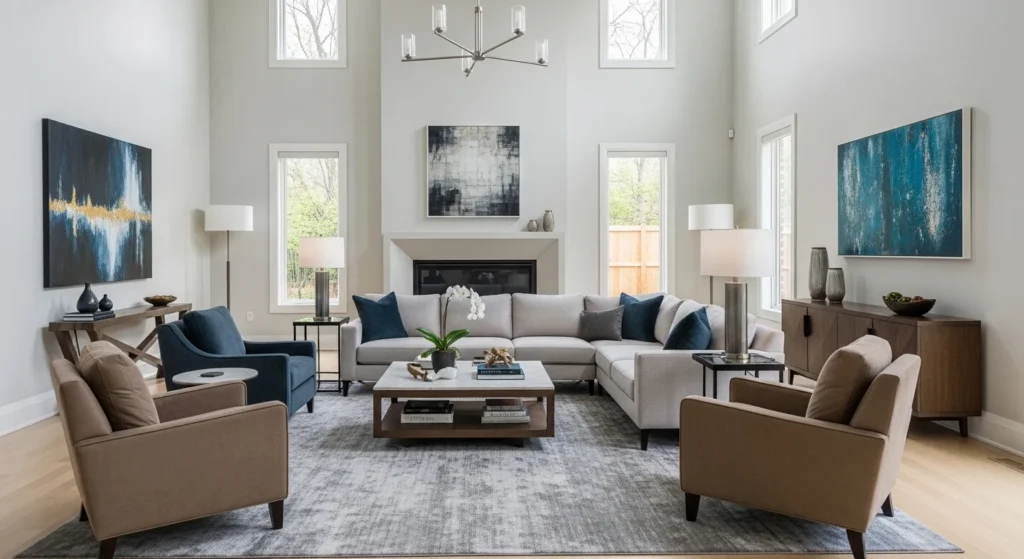 Spacious open concept living room with airy modern design