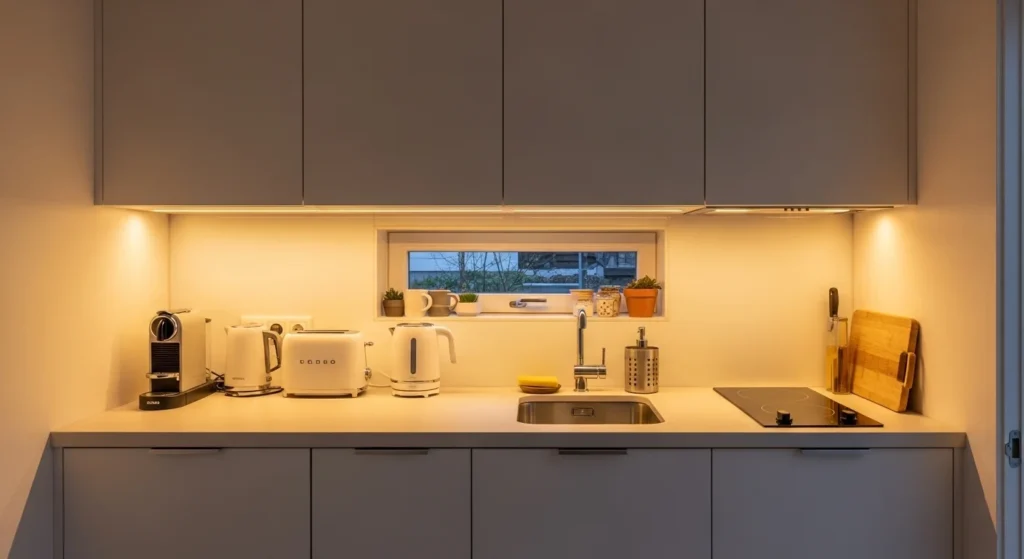 Tiny kitchen with LED lighting under cabinets enhancing brightness and functionality