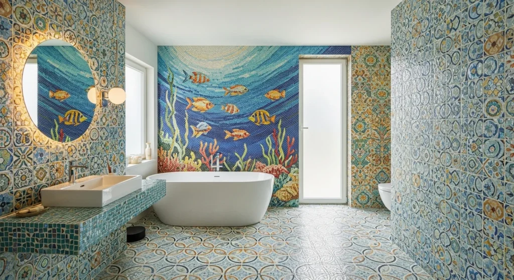 Bathroom with decorative mosaic tiles adding detailed artistic patterns