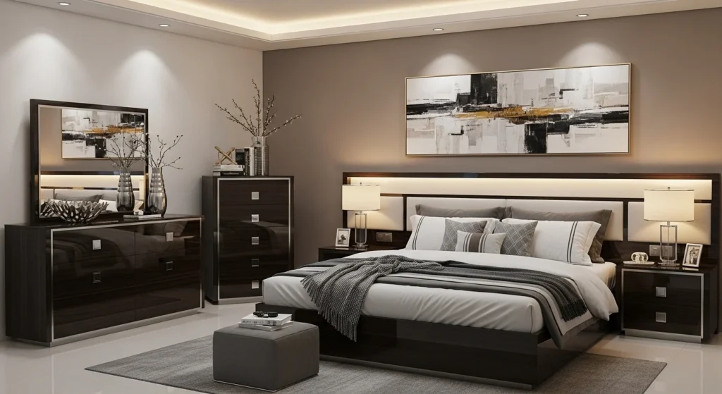High-end bedroom set with glossy furniture and elegant modern styling