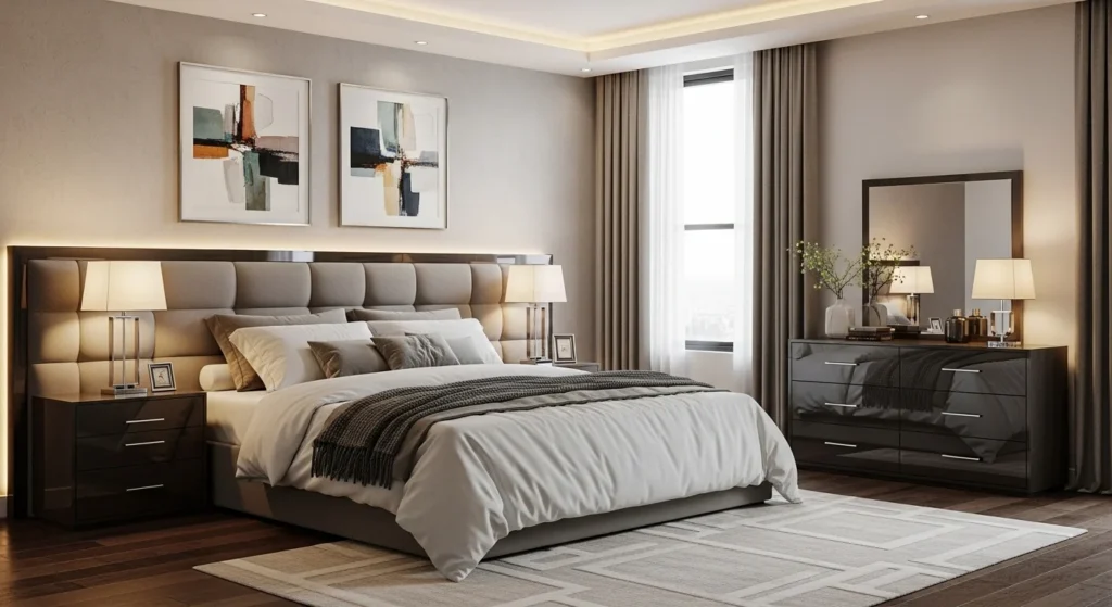 High-end king bedroom set with glossy furniture and elegant modern decor