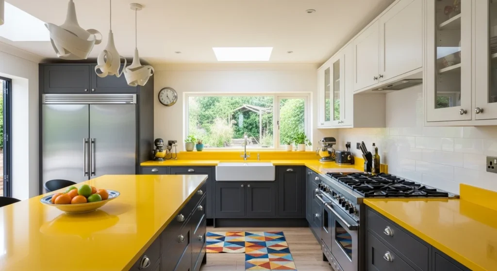 Kitchen with bold colored countertop creating a strong modern statement