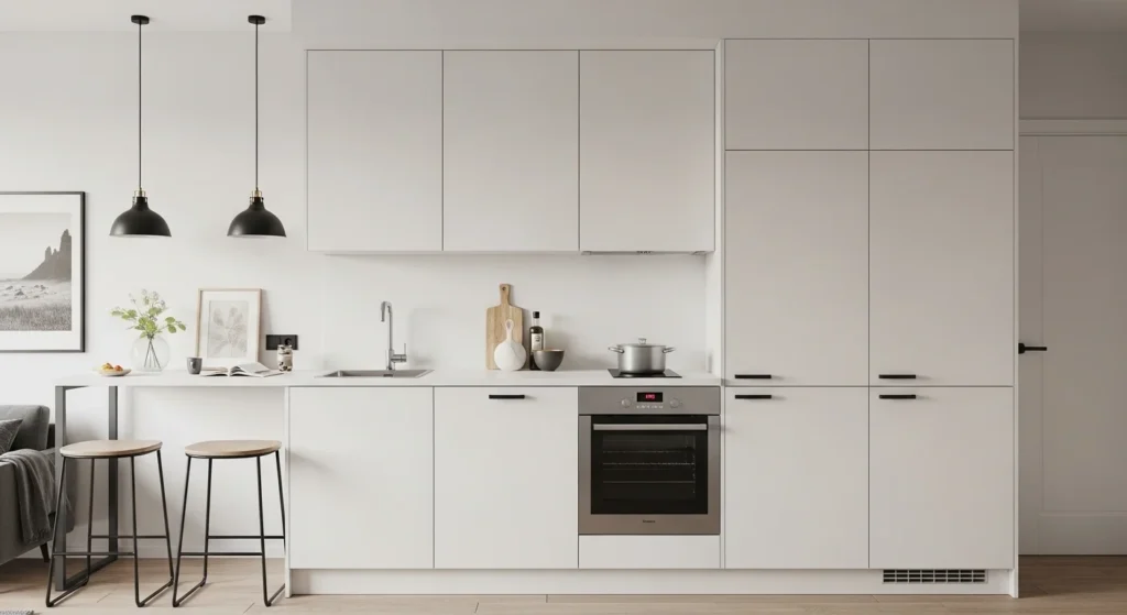 Compact basement apartment with bedroom, kitchen, and living space in minimalist design