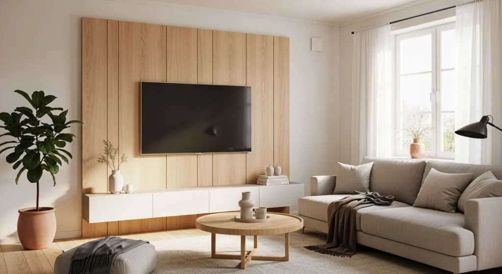 textured tv wall with 3d panels and mounted tv in modern interior