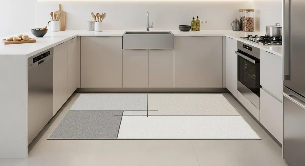 Simple neutral rug placed in a sleek modern kitchen with minimal decor