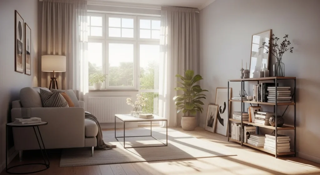 Sunlit small living room with large windows, sheer curtains, and bright airy ambiance