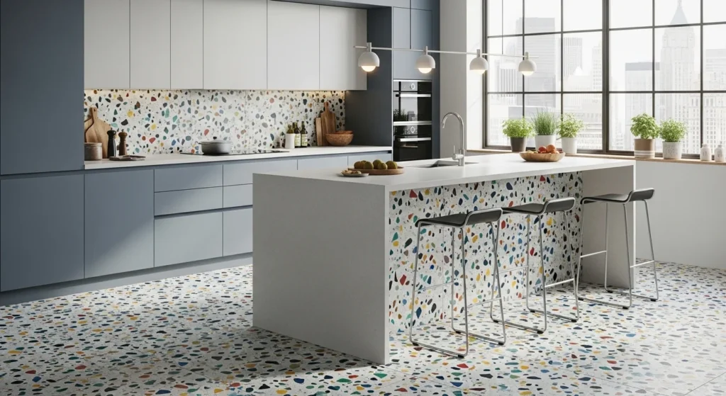 Contemporary kitchen interior featuring terrazzo tiles with colorful stone chips