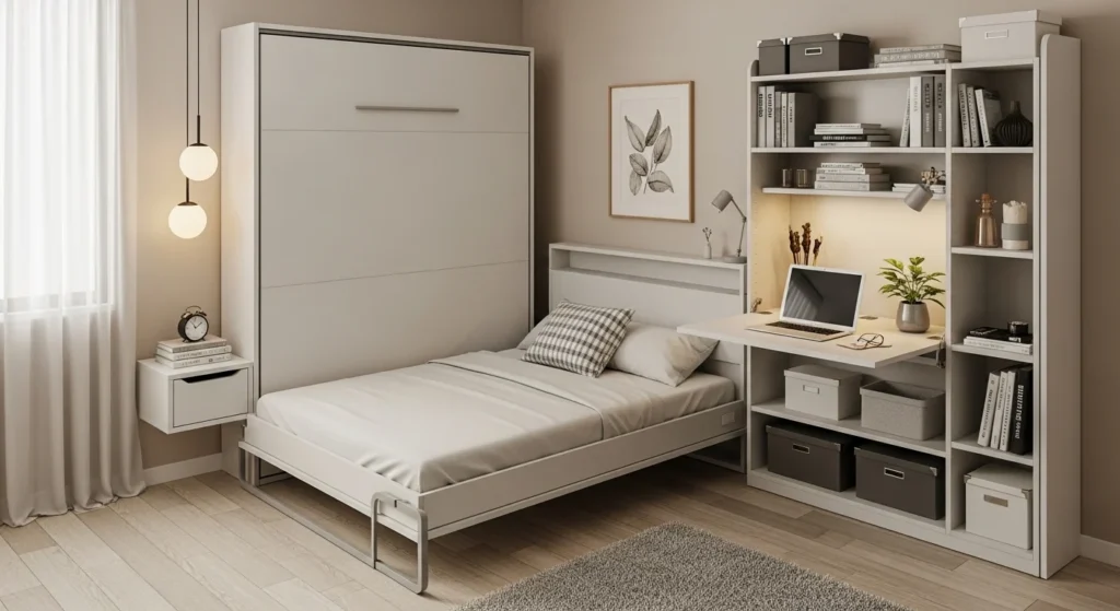 Small bedroom featuring space saving foldable furniture for flexible use