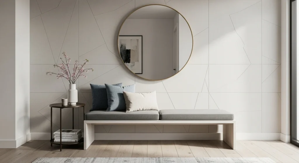 Cozy foyer bench seating area with cushions and decorative decor