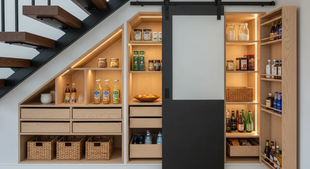 Creative pantry storage shelves built under staircase for kitchen supplies