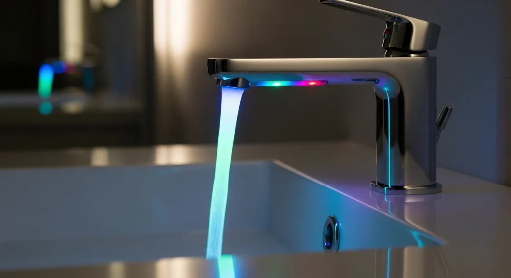 Modern LED faucet with glowing water stream in bathroom sink