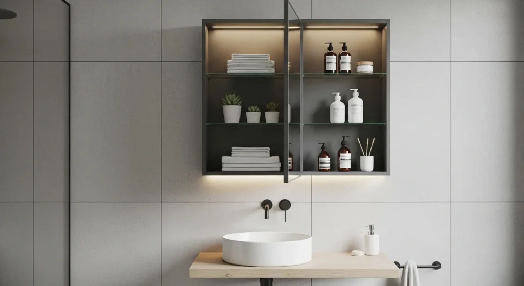 Built-in recessed bathroom cabinet integrated into wall for space-saving storage